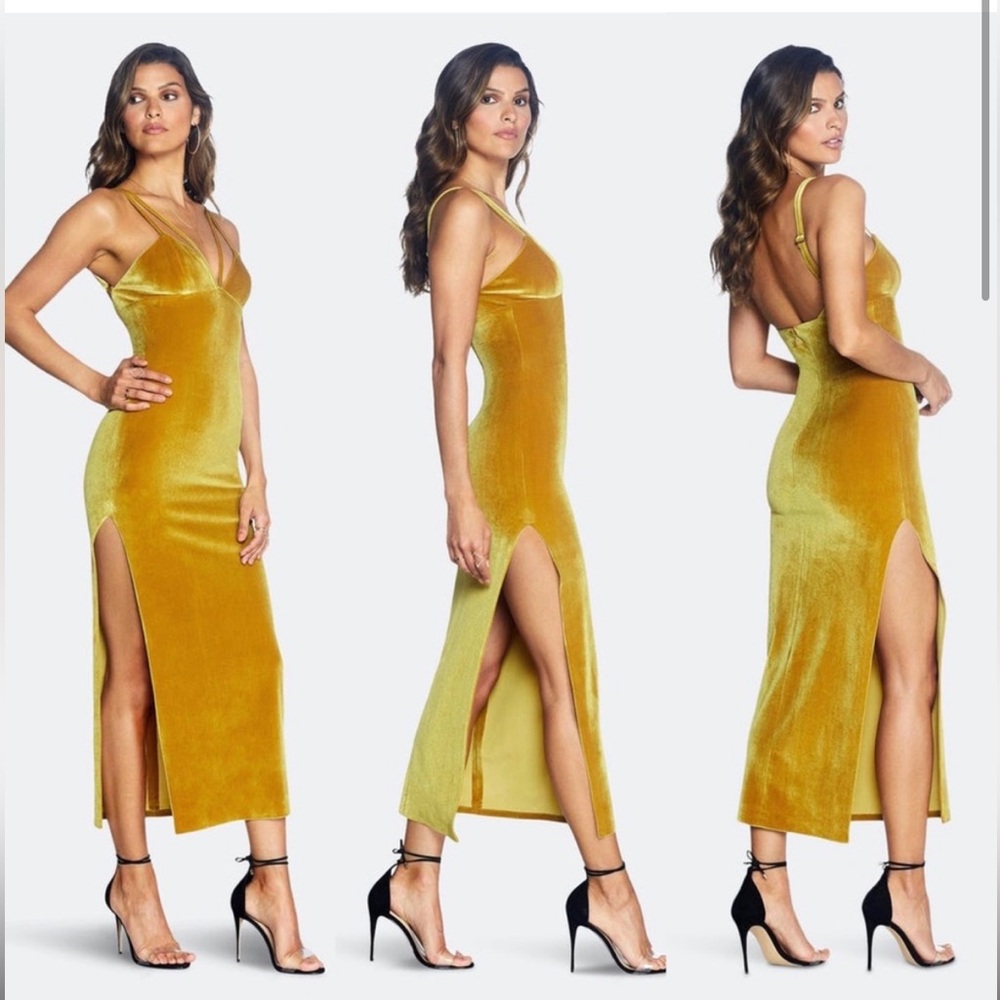 Dress the Population Gold Bodycon Maxi Dress thigh slit